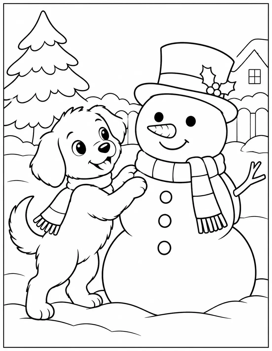 Puppy playing beside a snowman with a scarf and top hat coloring page
