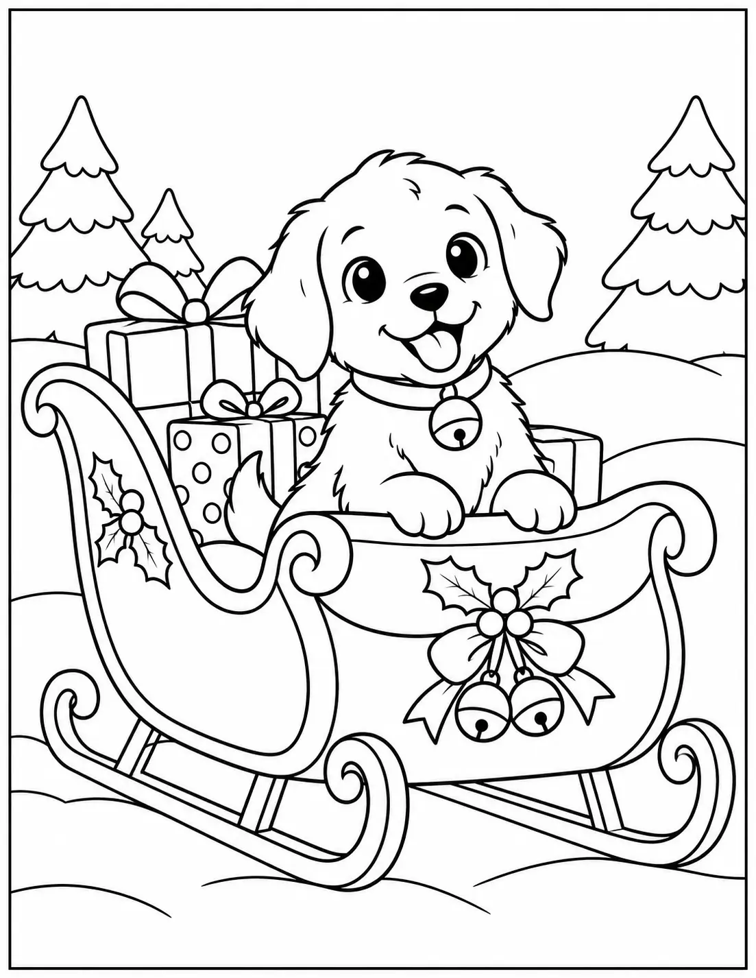 Happy puppy riding a Christmas sleigh filled with presents coloring page