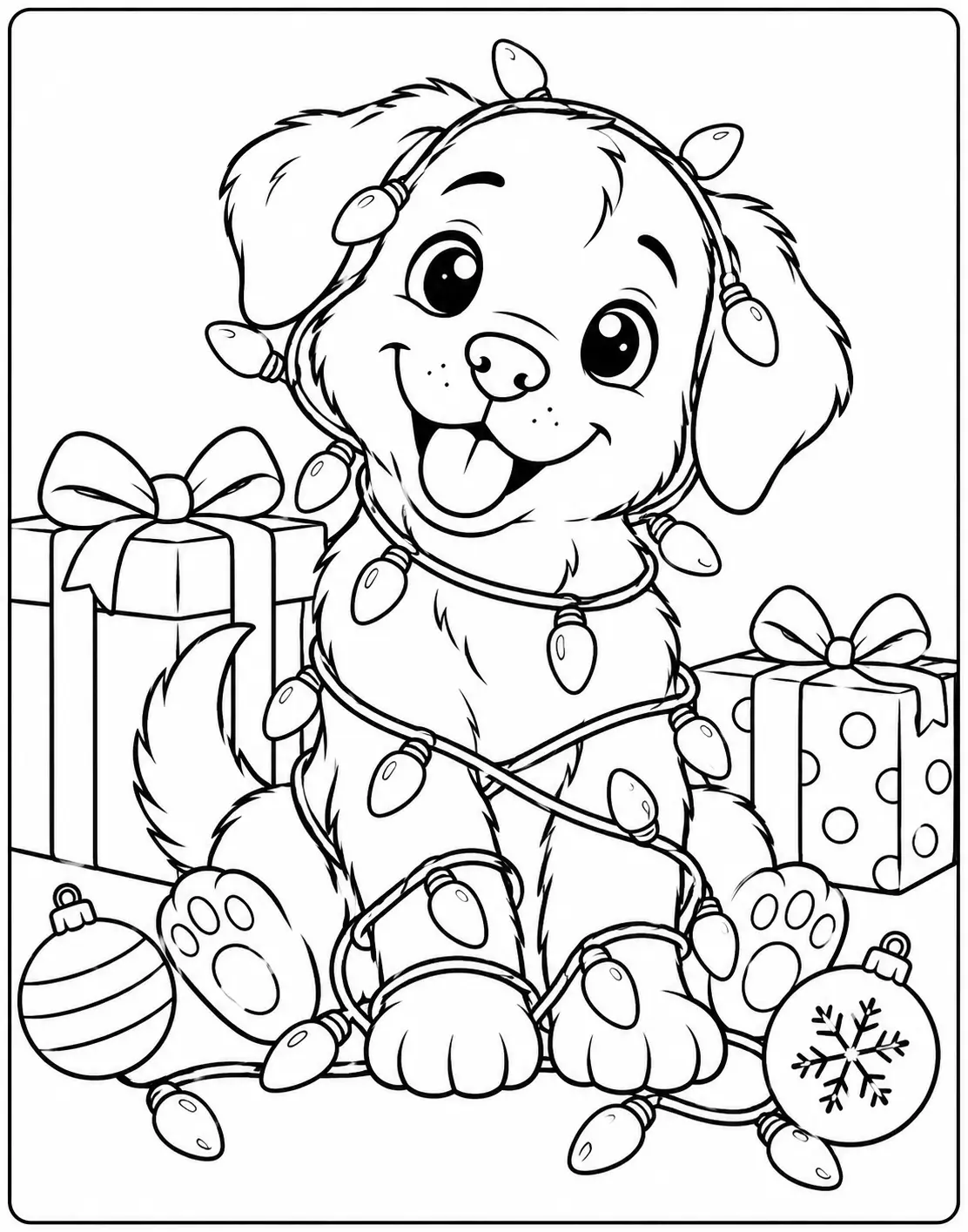 Puppy tangled in Christmas string lights beside holiday presents coloring page