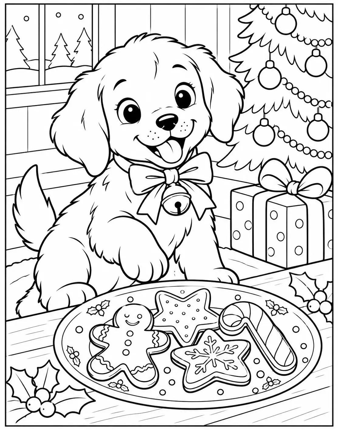 Happy puppy looking at a plate of Christmas cookies with gingerbread and star shapes coloring page