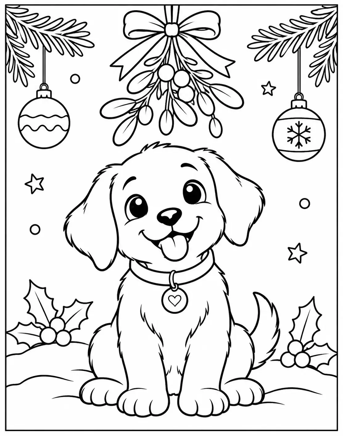 Smiling puppy sitting beneath mistletoe and hanging Christmas ornaments coloring page