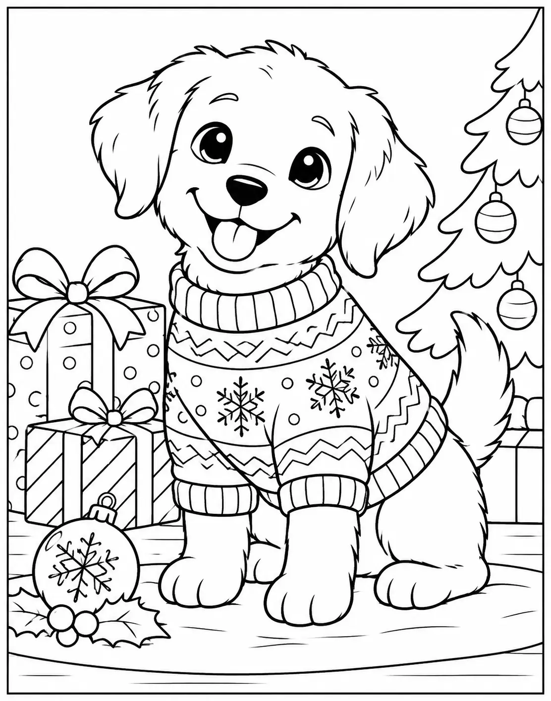 Puppy wearing a patterned Christmas sweater beside presents and a tree coloring page
