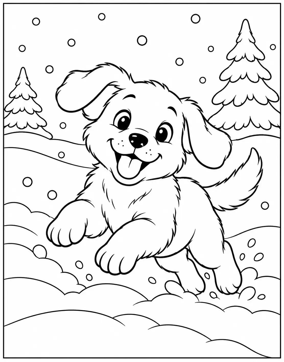 Playful puppy running through snow with pine trees and falling snow coloring page