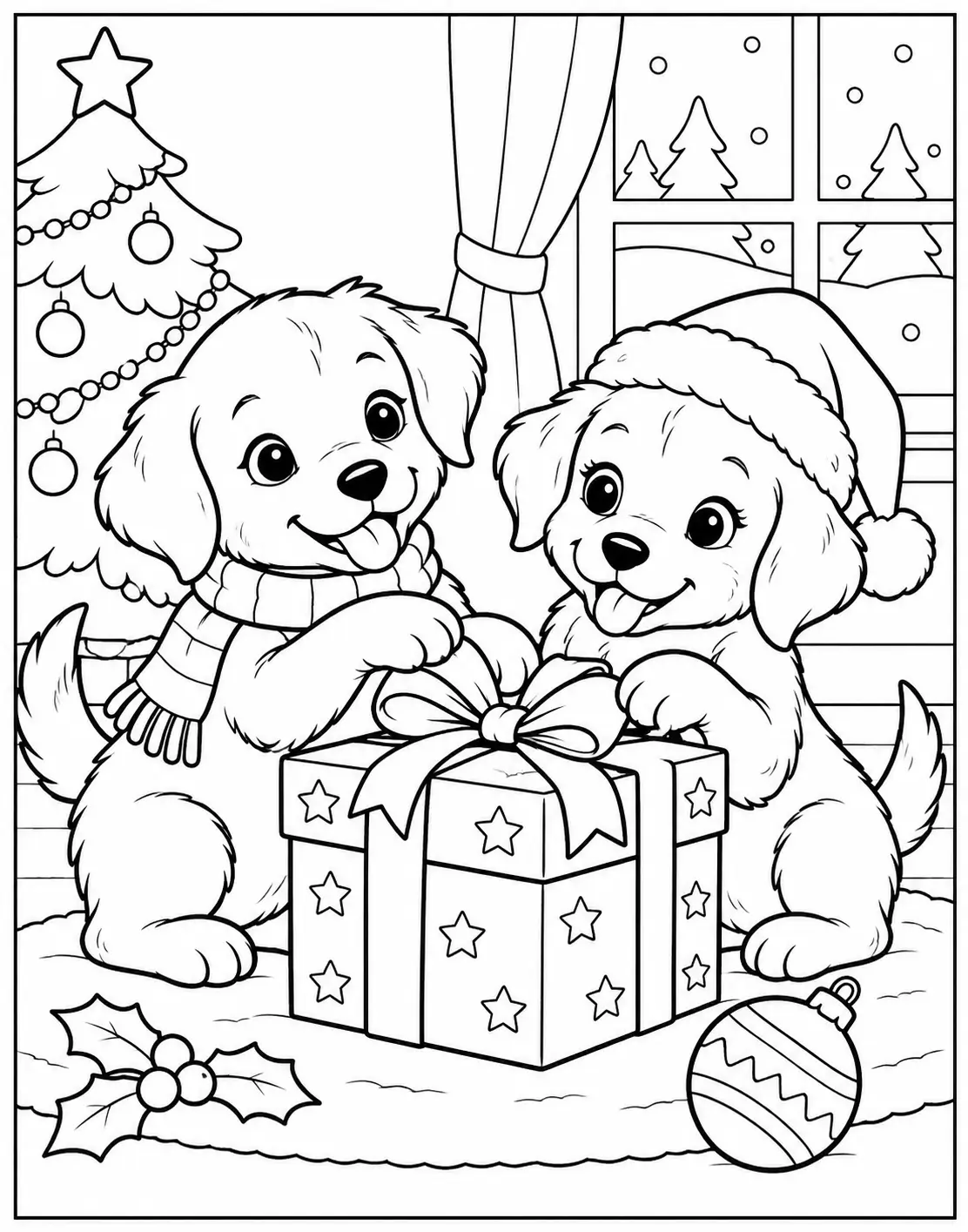 Two happy puppies sharing a wrapped Christmas present beside a decorated tree coloring page