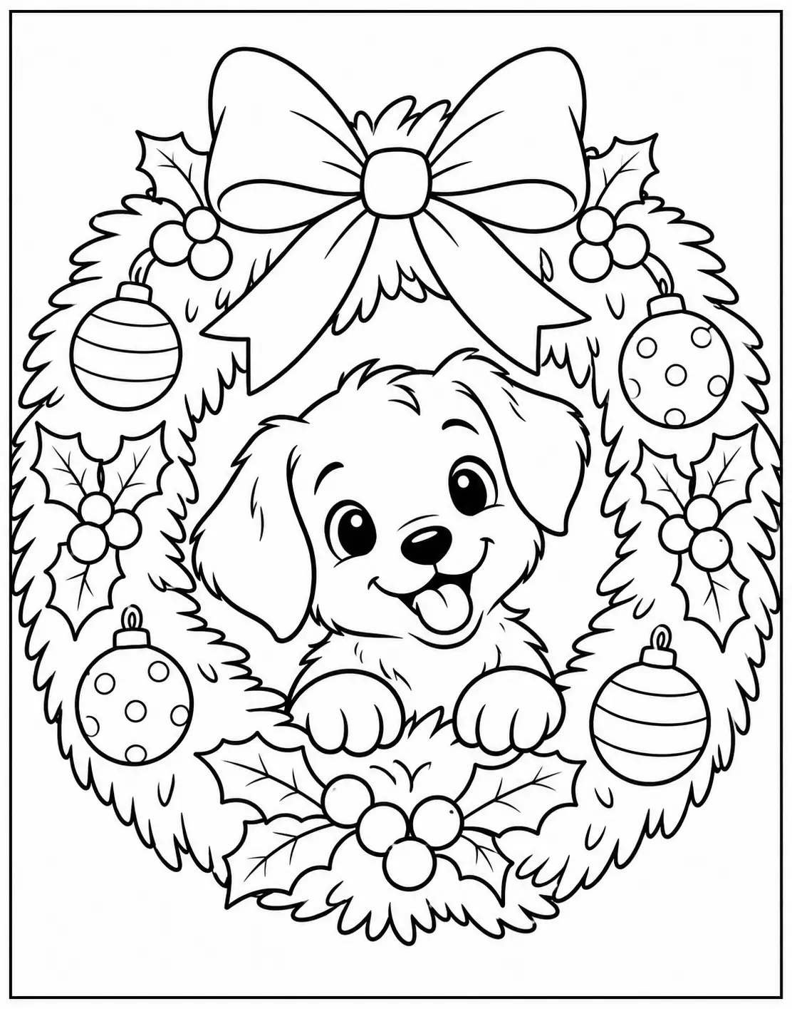 Cute puppy peeking through a Christmas wreath decorated with bows and ornaments coloring page