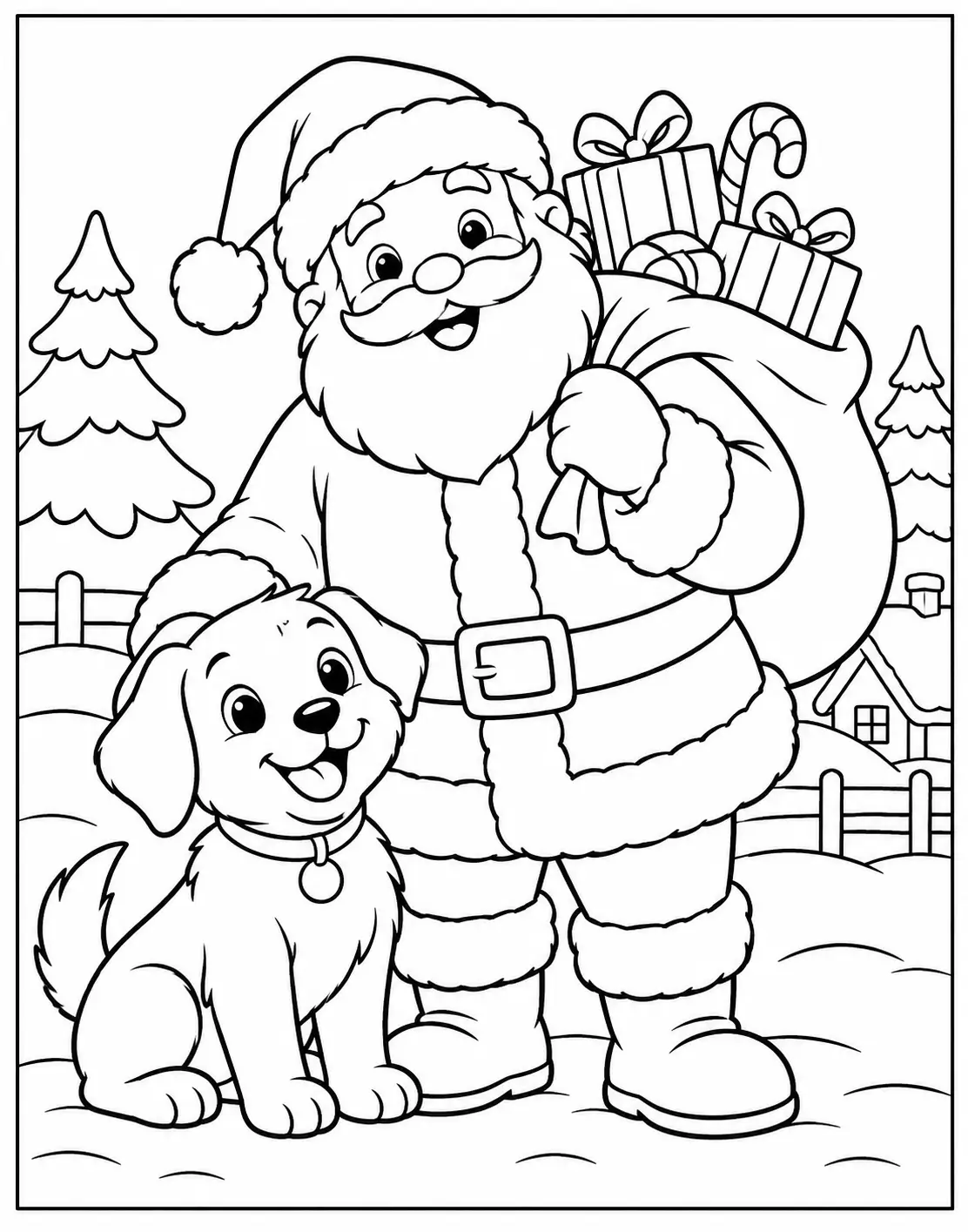 Santa Claus standing beside a happy puppy with a sack of Christmas gifts coloring page