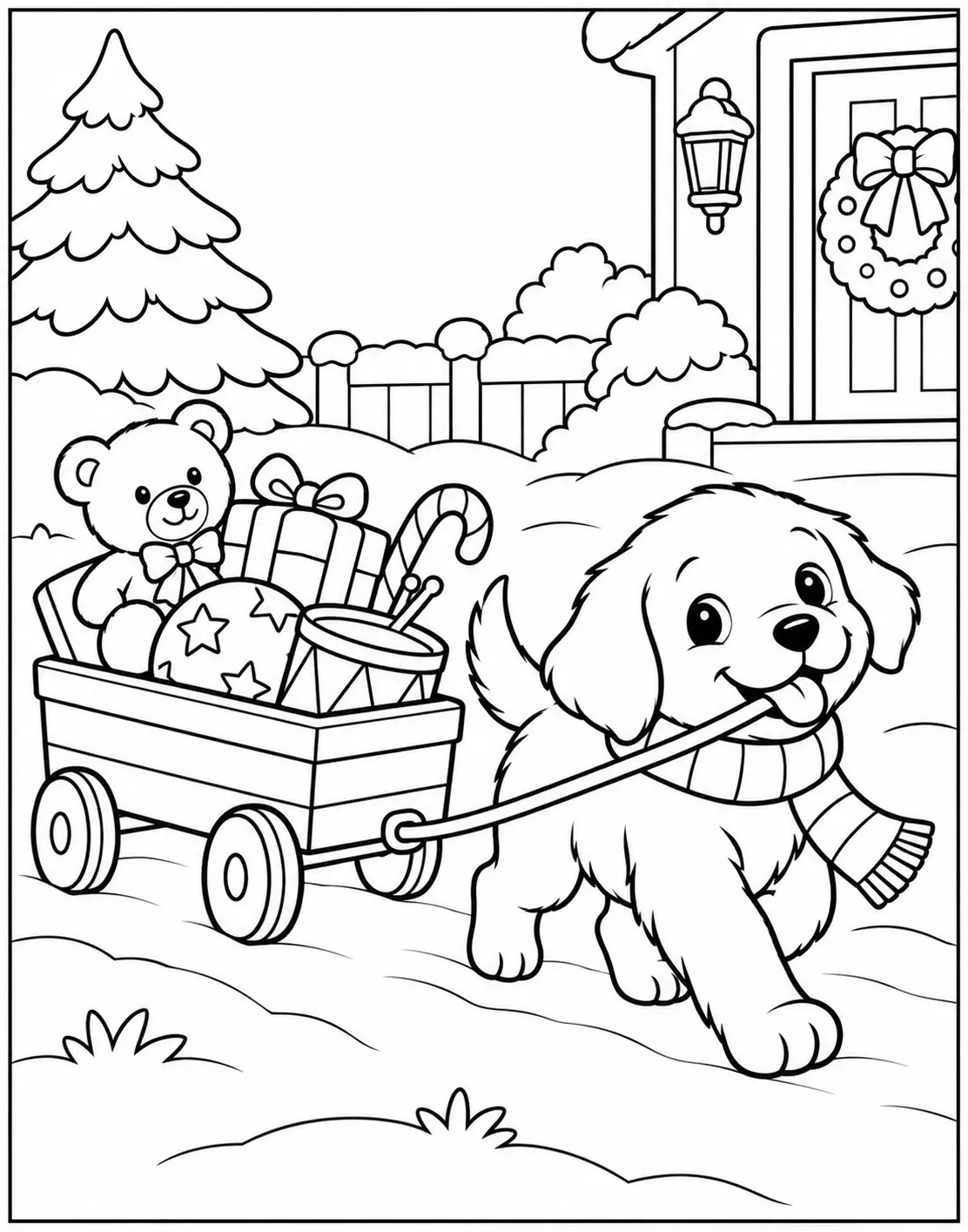 Puppy pulling a wagon filled with Christmas toys past a decorated house coloring page