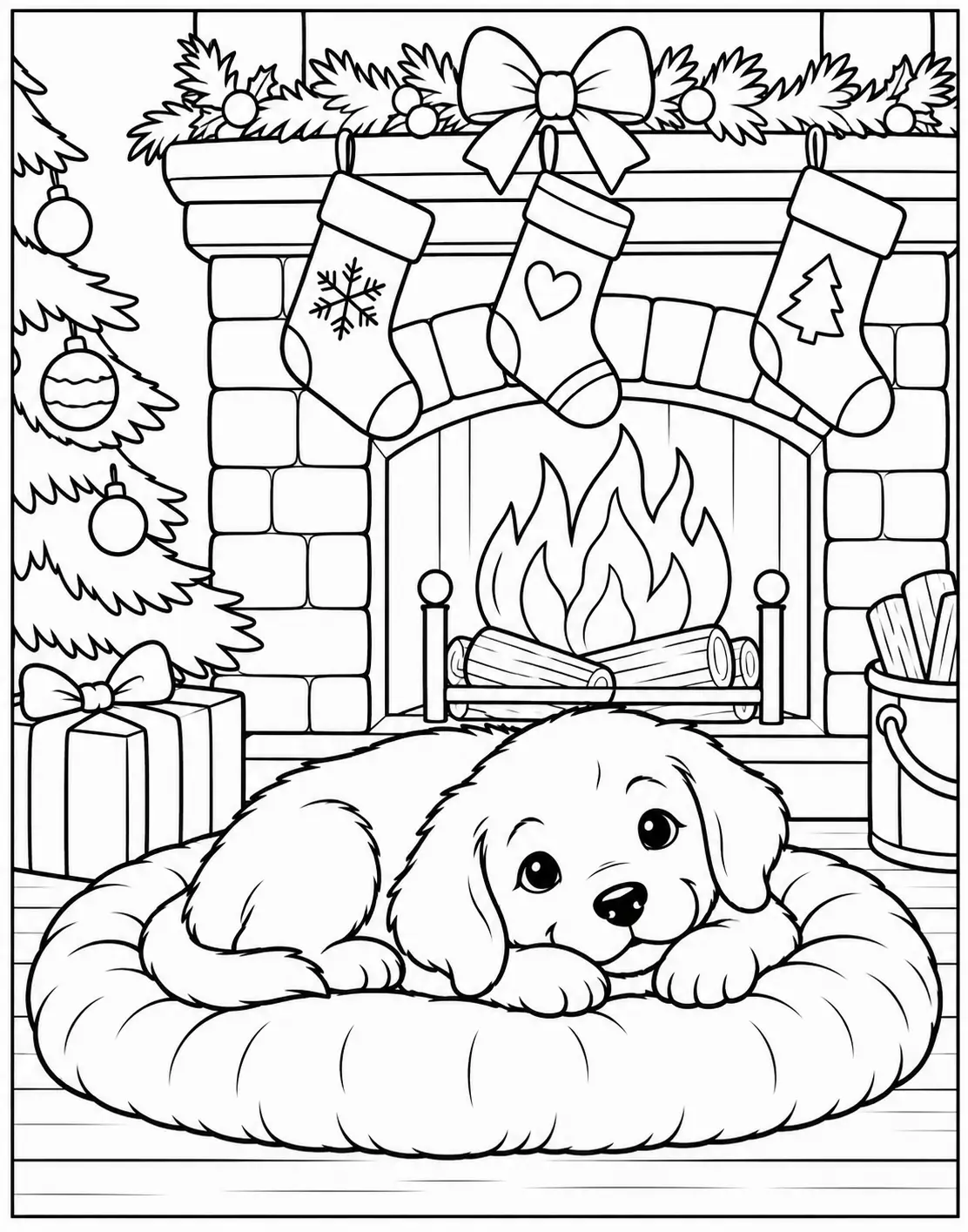 Cozy puppy resting on a cushion in front of a Christmas fireplace and stockings coloring page