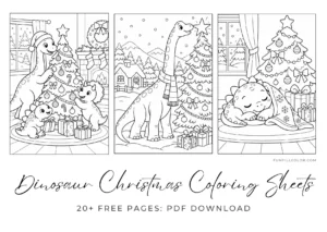 Dinosaur Christmas coloring pages featuring a Santa dinosaur and holiday decorations