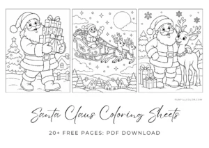 Free printable Santa Claus coloring pages featuring Santa, gifts, Rudolph, and Christmas scenes