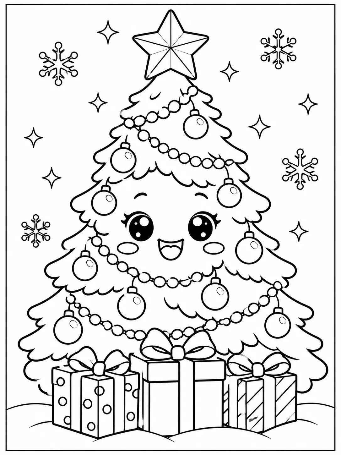 Smiling kawaii Christmas tree with round ornaments, star topper and presents coloring page