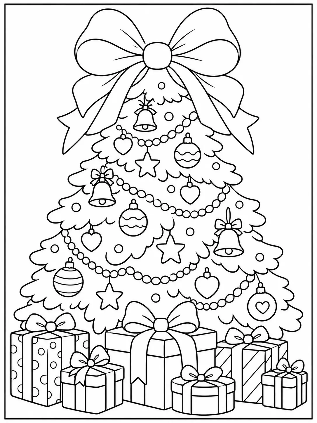 Cute Christmas tree with a giant ribbon bow, bells, hearts and wrapped gifts coloring page