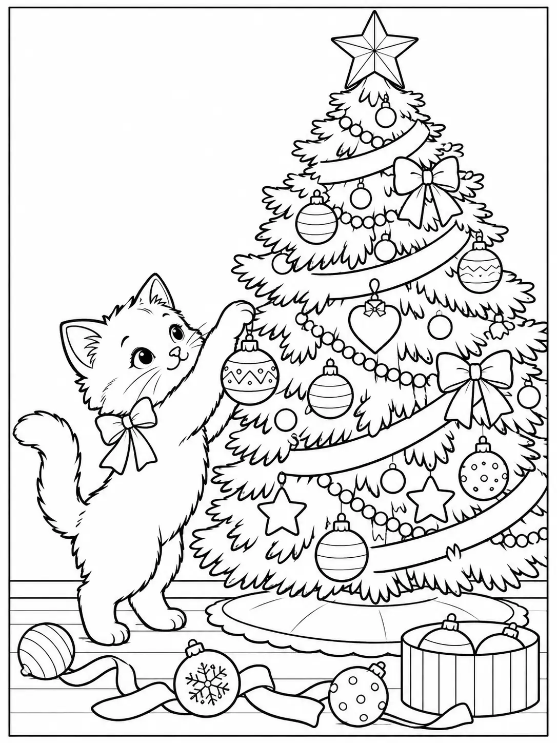 Kitten reaching up to decorate a Christmas tree with ornaments coloring page