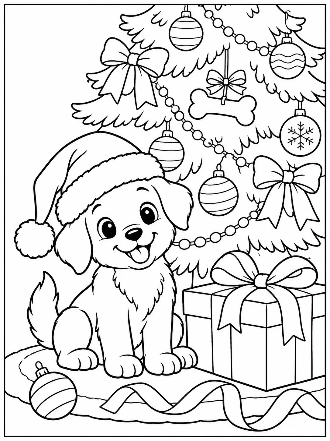 Happy puppy in a Santa hat beside a decorated Christmas tree and present coloring page