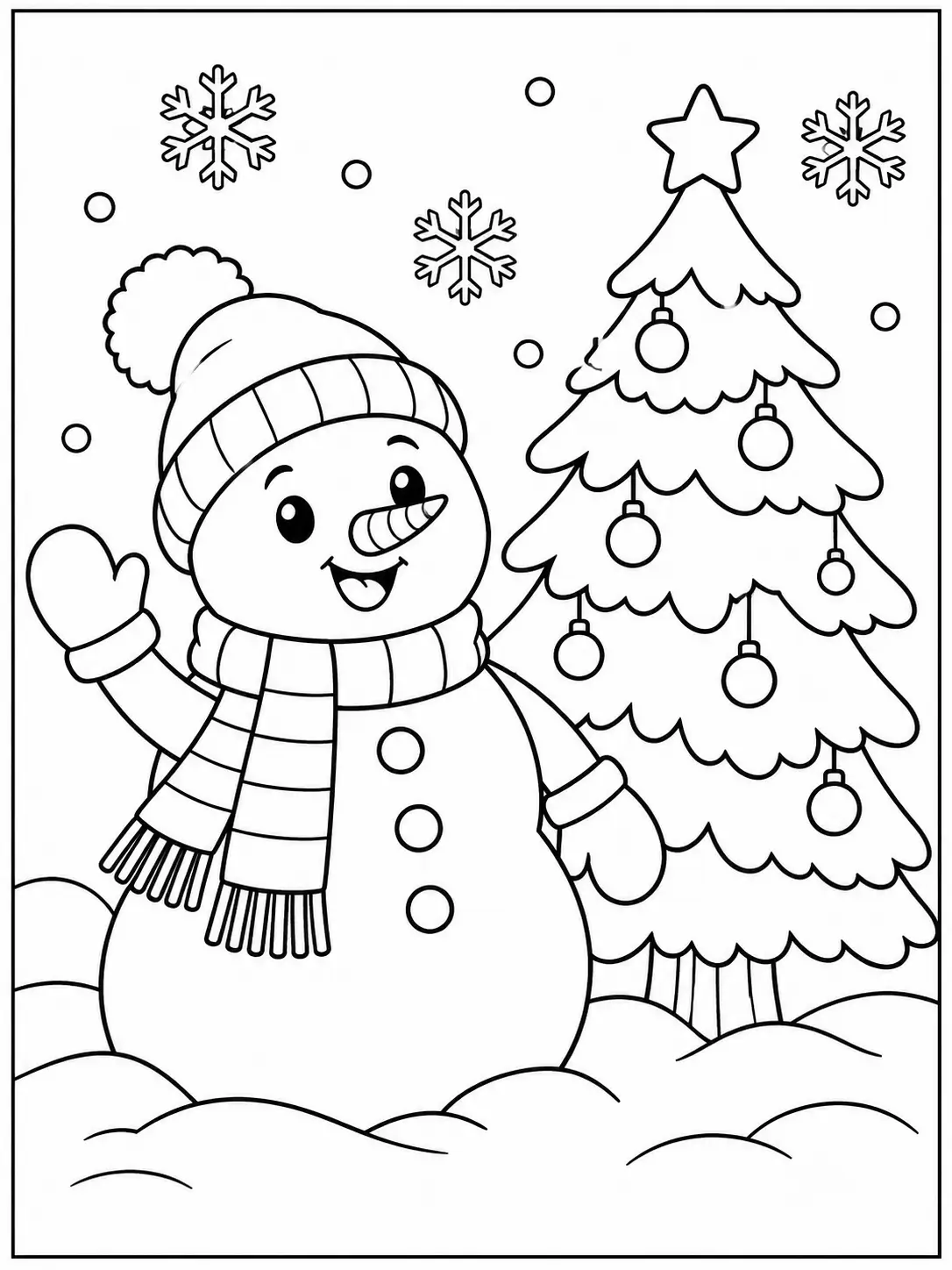 Snowman waving beside a decorated Christmas tree in falling snow coloring page