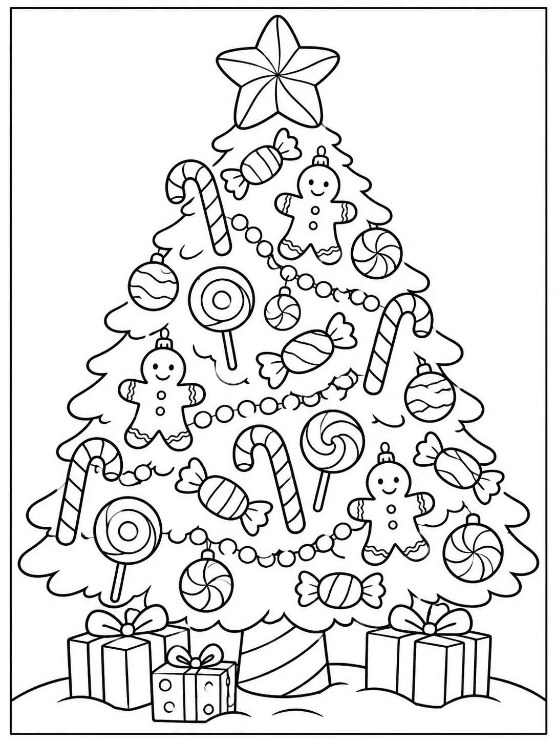 Candy Christmas tree decorated with candy canes, lollipops and gingerbread cookies coloring page