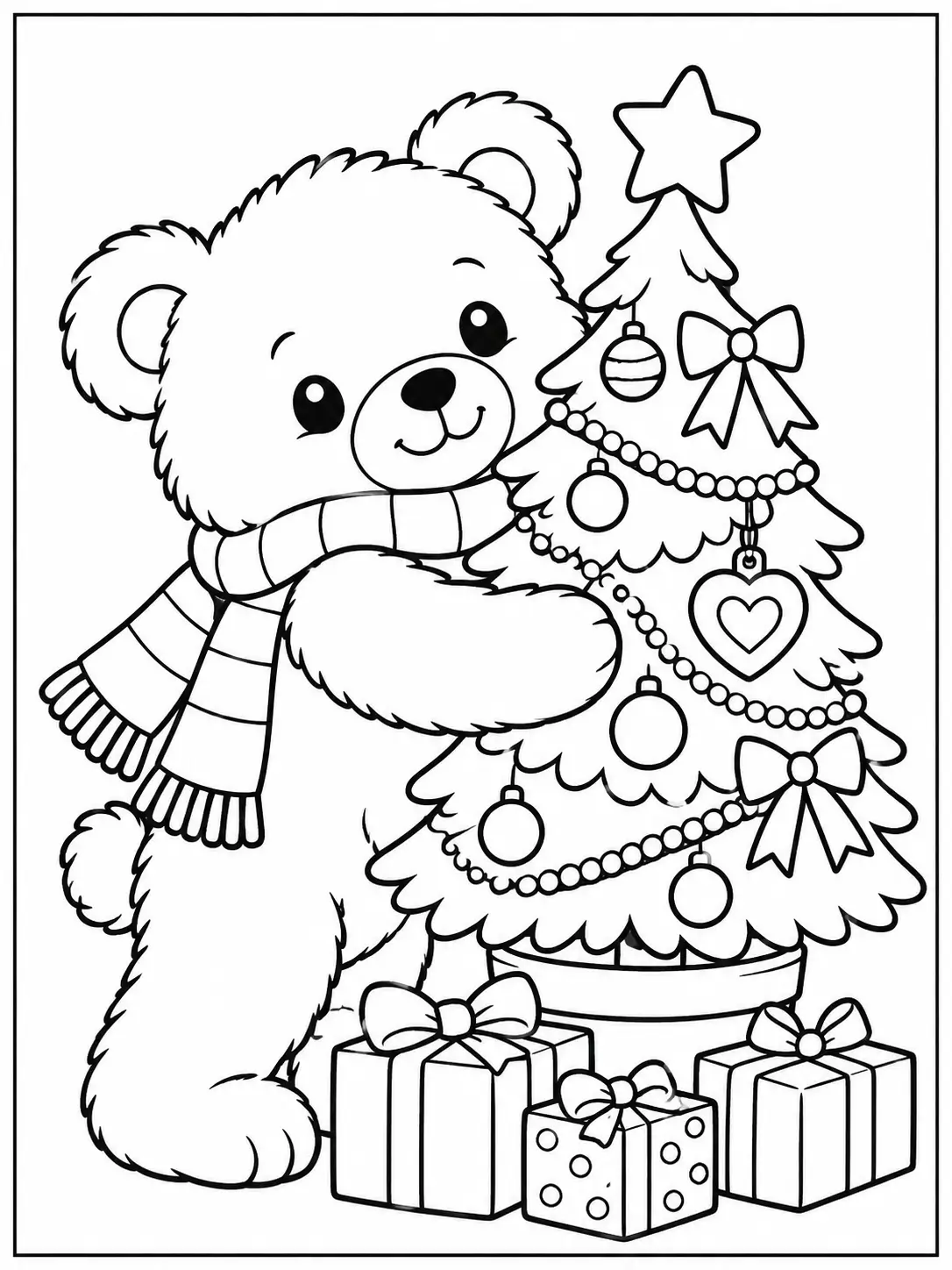 Teddy bear in a winter scarf hugging a decorated Christmas tree coloring page