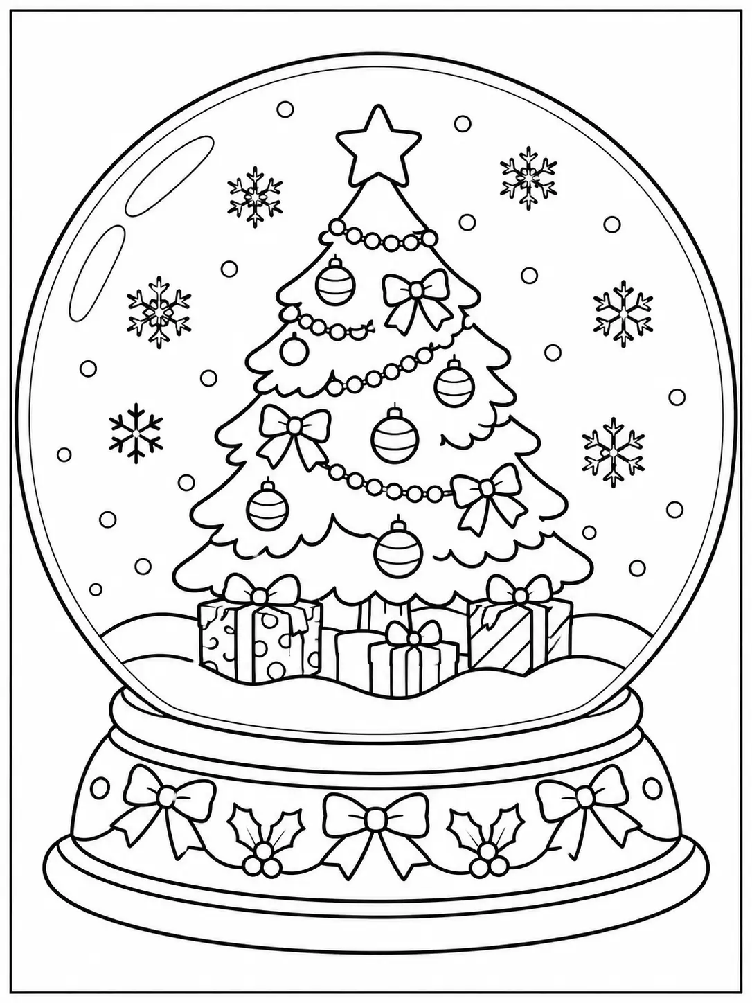 Christmas tree with ornaments and presents inside a snow globe coloring page