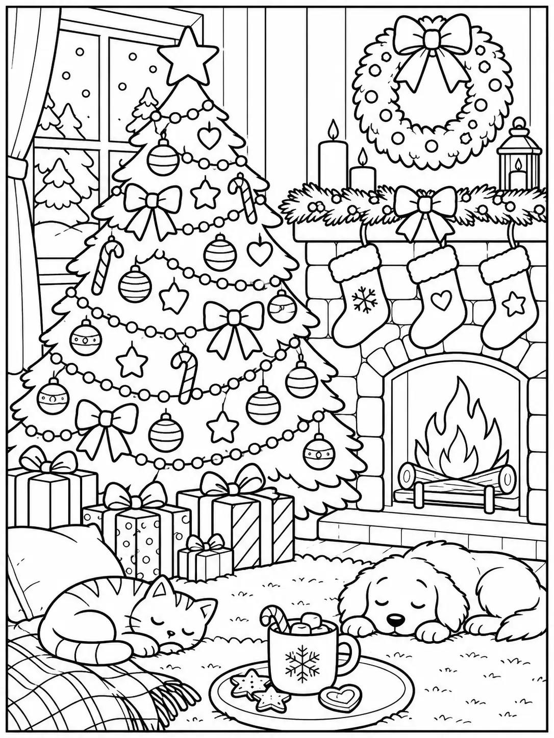 Christmas living room with decorated Christmas tree and fireplace coloring page