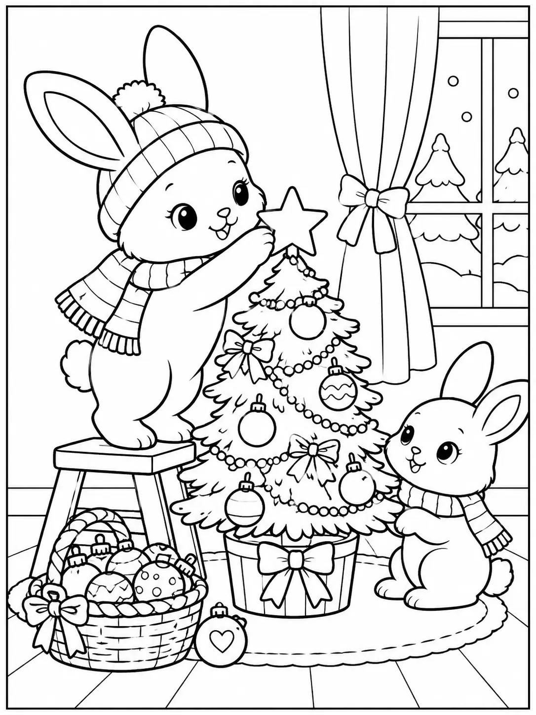 Two bunnies decorating a small Christmas tree with ornaments coloring page