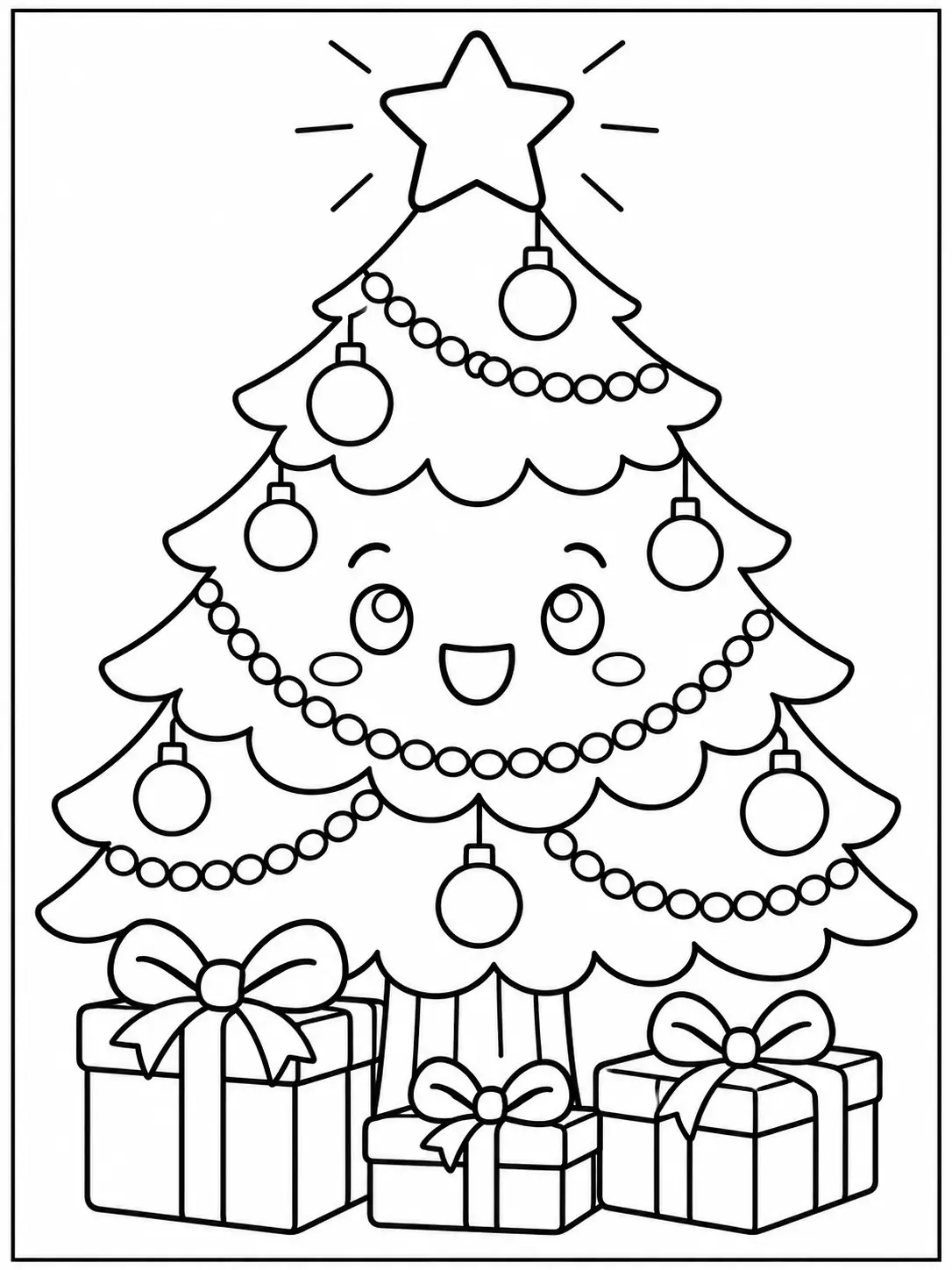Smiling kawaii Christmas tree with star, garlands and presents coloring page