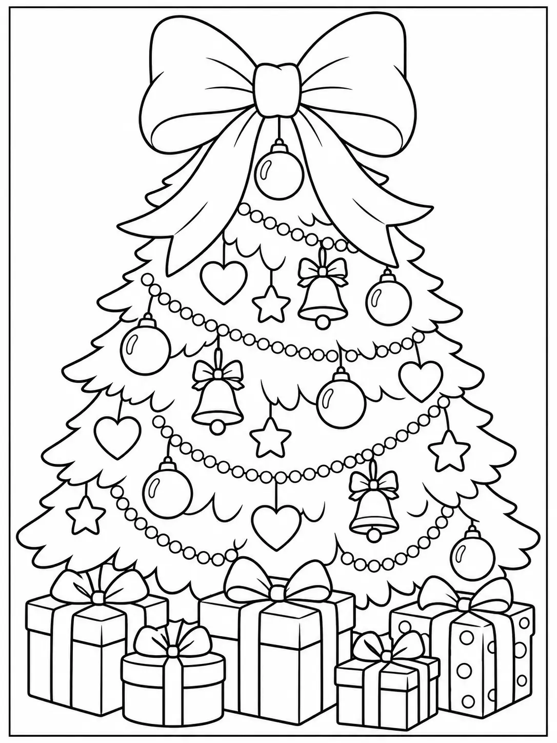 Christmas tree with oversized bow and hanging heart, star and bell ornaments coloring page