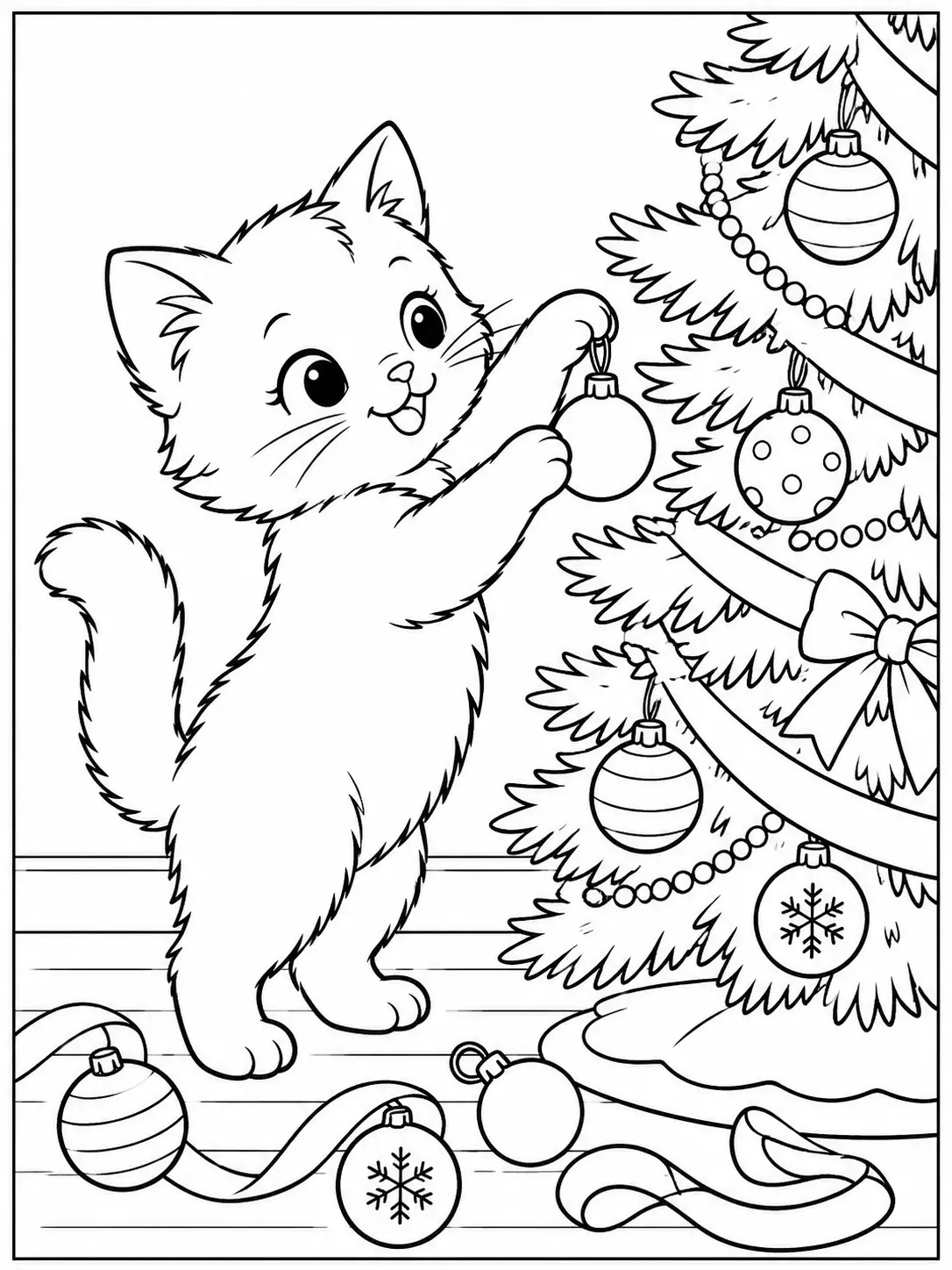 Cute kitten hanging a Christmas ornament on a decorated tree coloring page