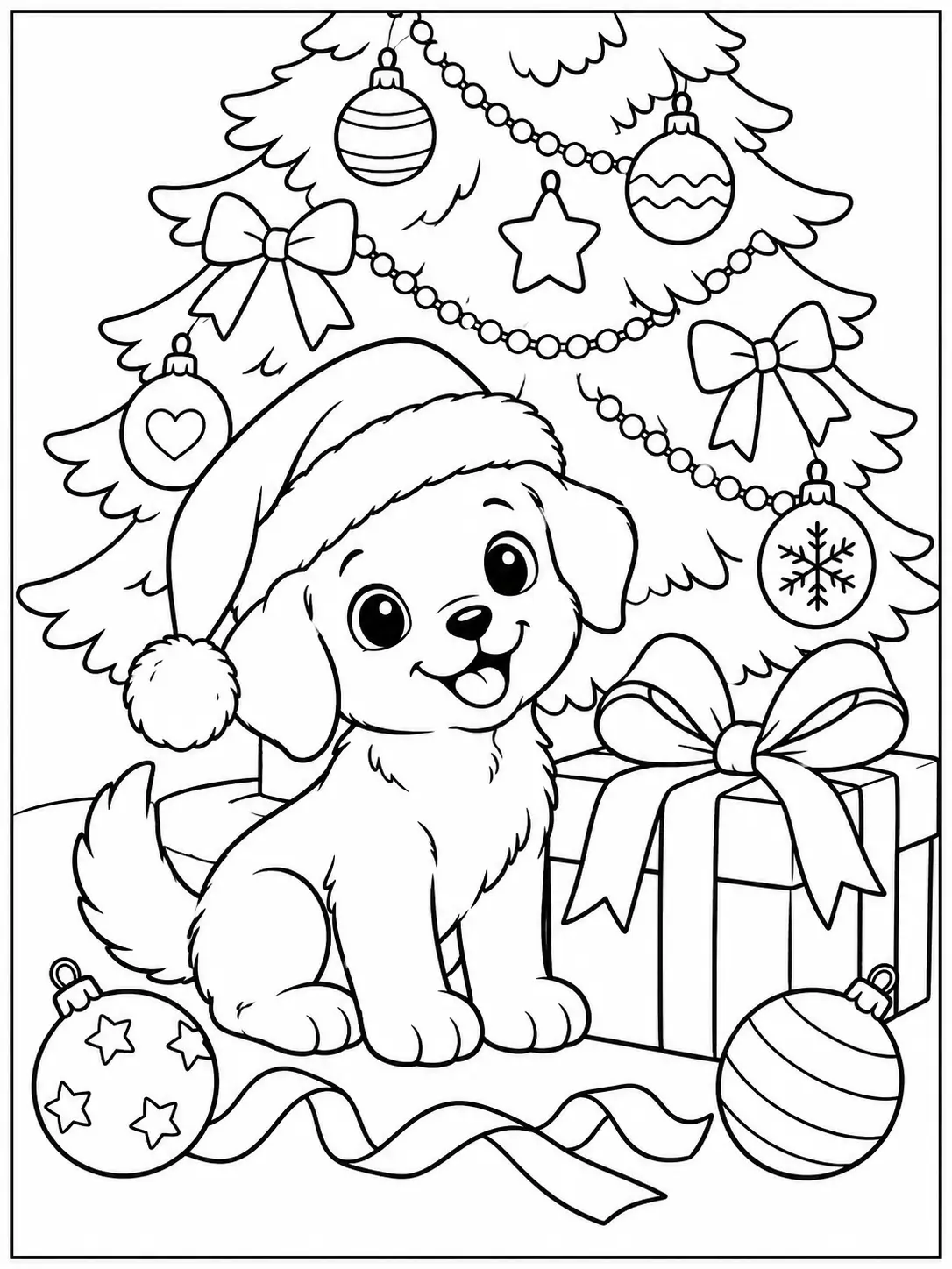 Cute puppy in a Santa hat sitting by a Christmas tree and wrapped present coloring page