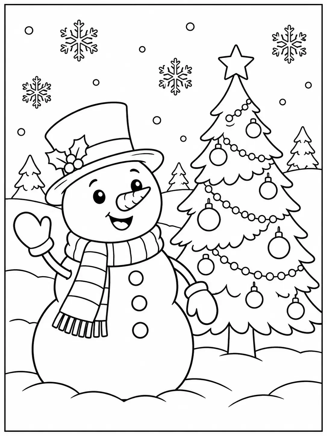 Snowman in a top hat waving next to a snowy Christmas tree coloring page