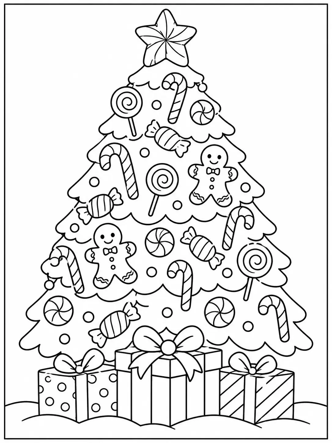 Candy-themed Christmas tree with striped candy canes and lollipops coloring page