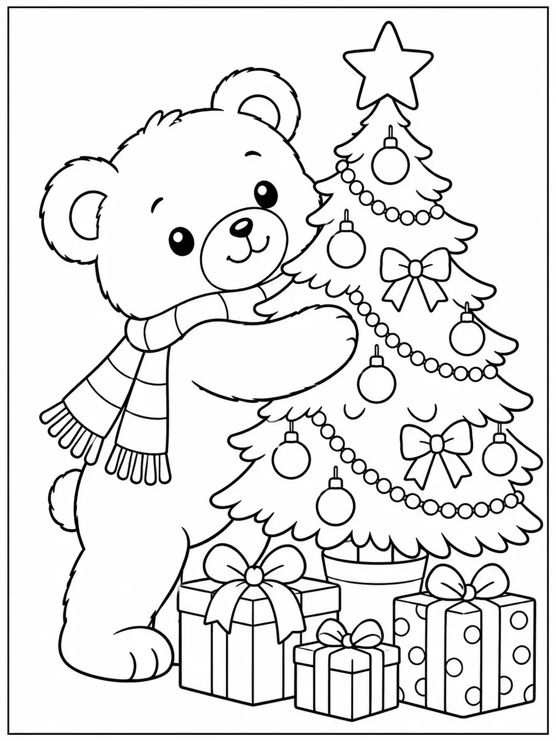 Teddy bear hugging a small Christmas tree with gifts underneath coloring page