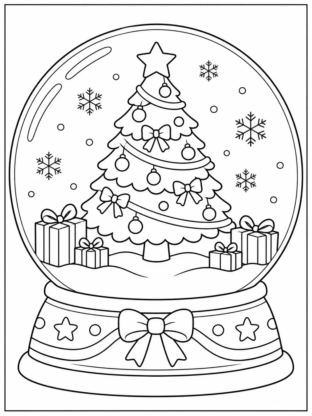 Decorated Christmas tree with gifts and snowflakes inside a snow globe coloring page
