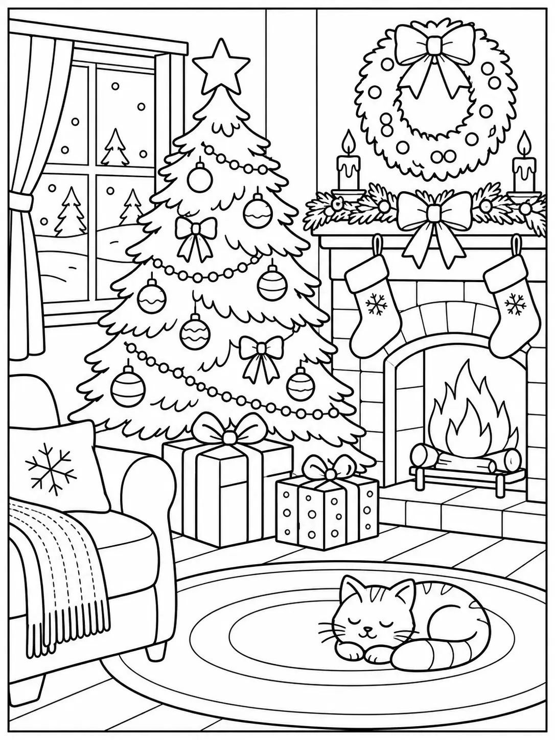 Cozy Christmas living room with tree, fireplace, stockings and sleeping kitten coloring page