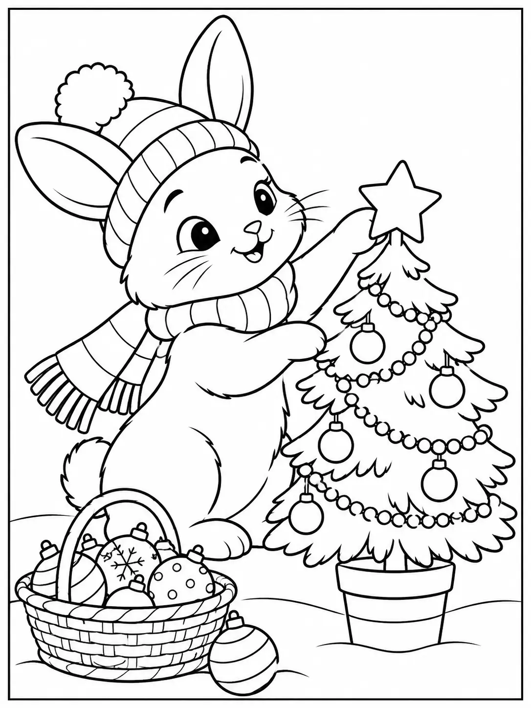 Bunny in a winter hat placing a star on a small Christmas tree coloring page