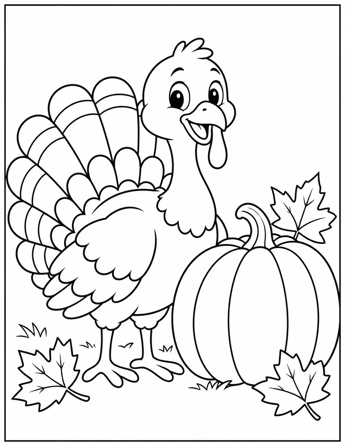 Cute Thanksgiving coloring page with a smiling turkey beside a pumpkin