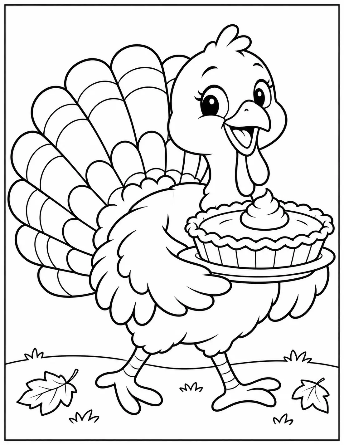 Cute Thanksgiving coloring page of a turkey holding pumpkin pie