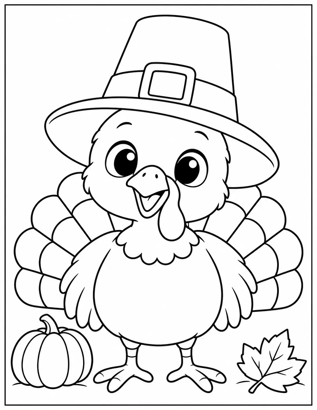 Cute baby turkey coloring page with a pilgrim hat