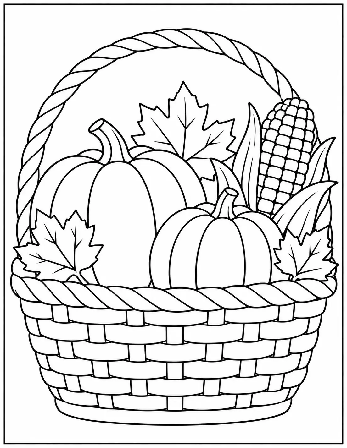 Thanksgiving harvest basket coloring page with pumpkins corn and leaves