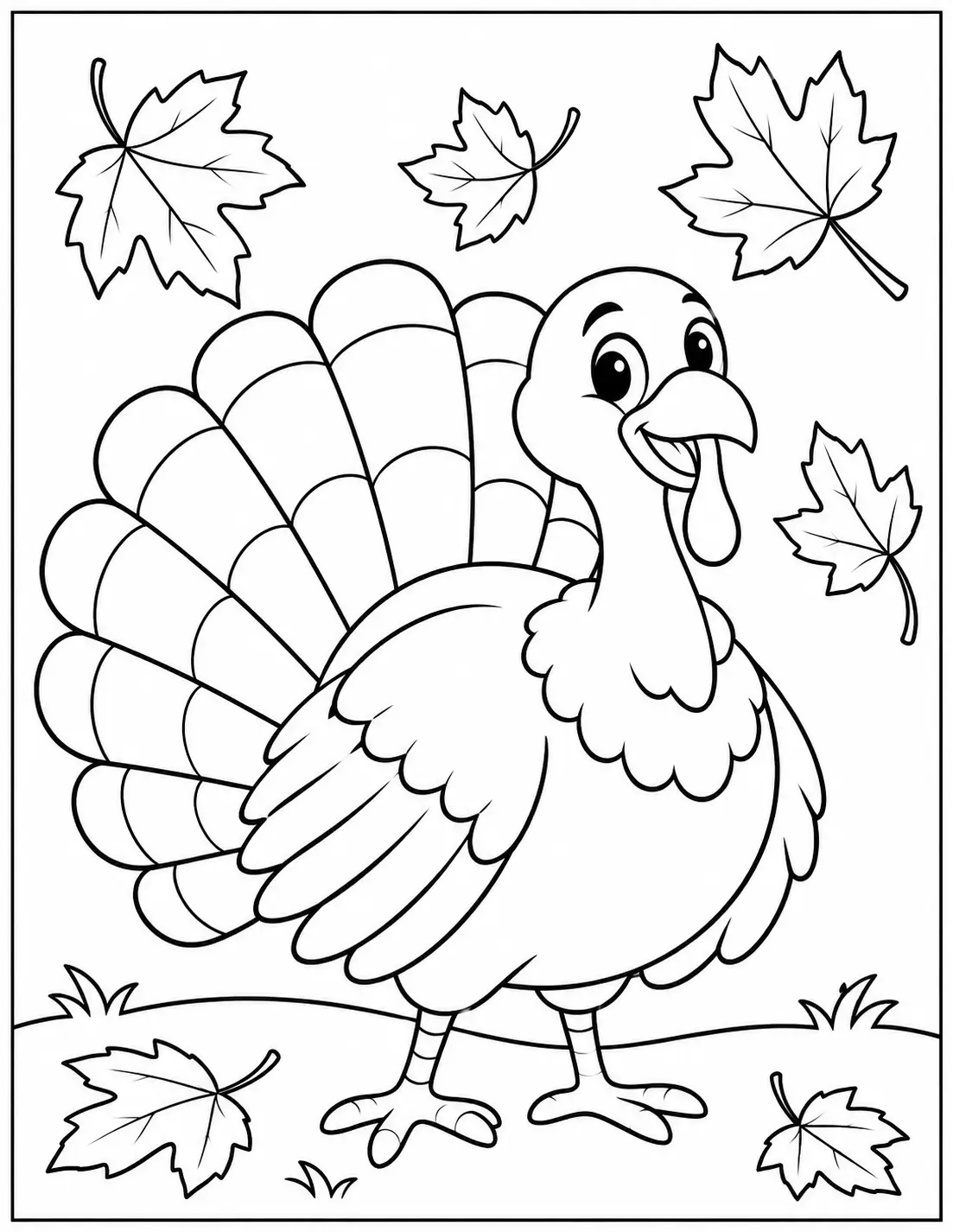 Cute turkey coloring page surrounded by falling autumn leaves