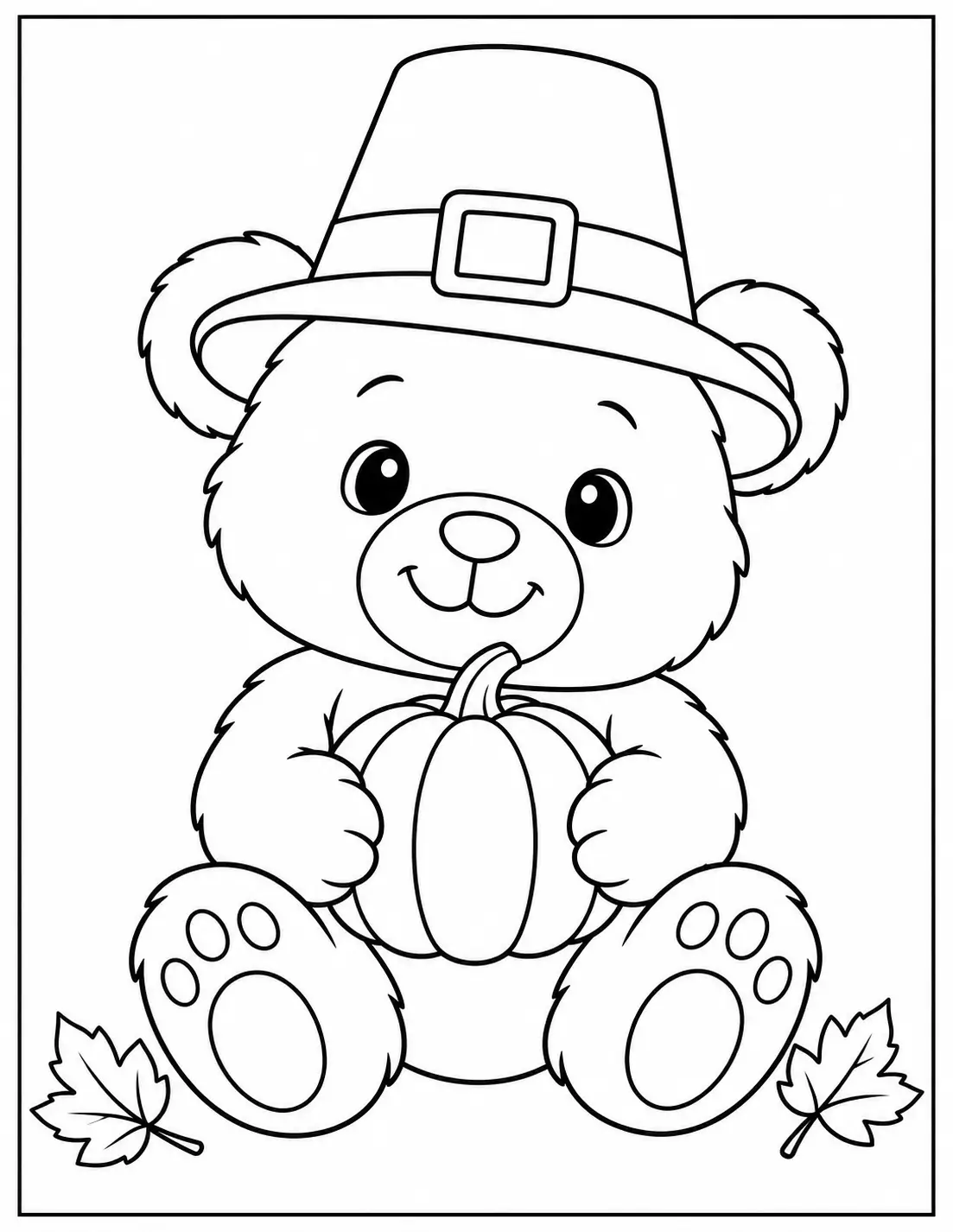 Cute Thanksgiving teddy bear coloring page holding a pumpkin