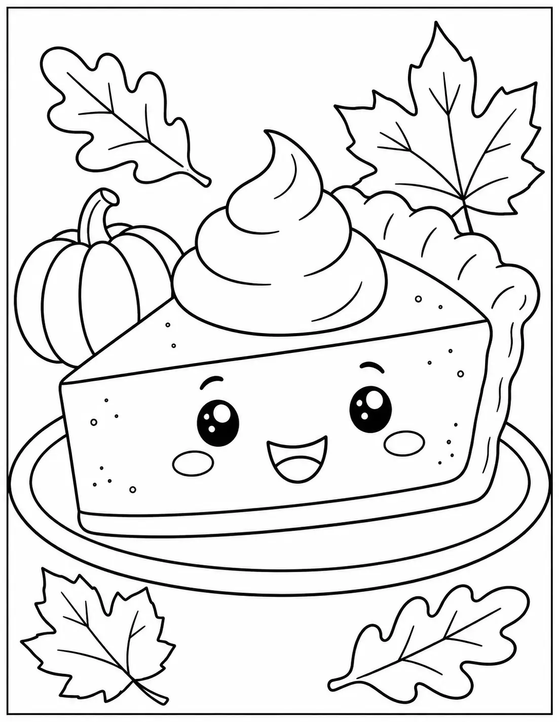 Cute smiling pumpkin pie Thanksgiving coloring page