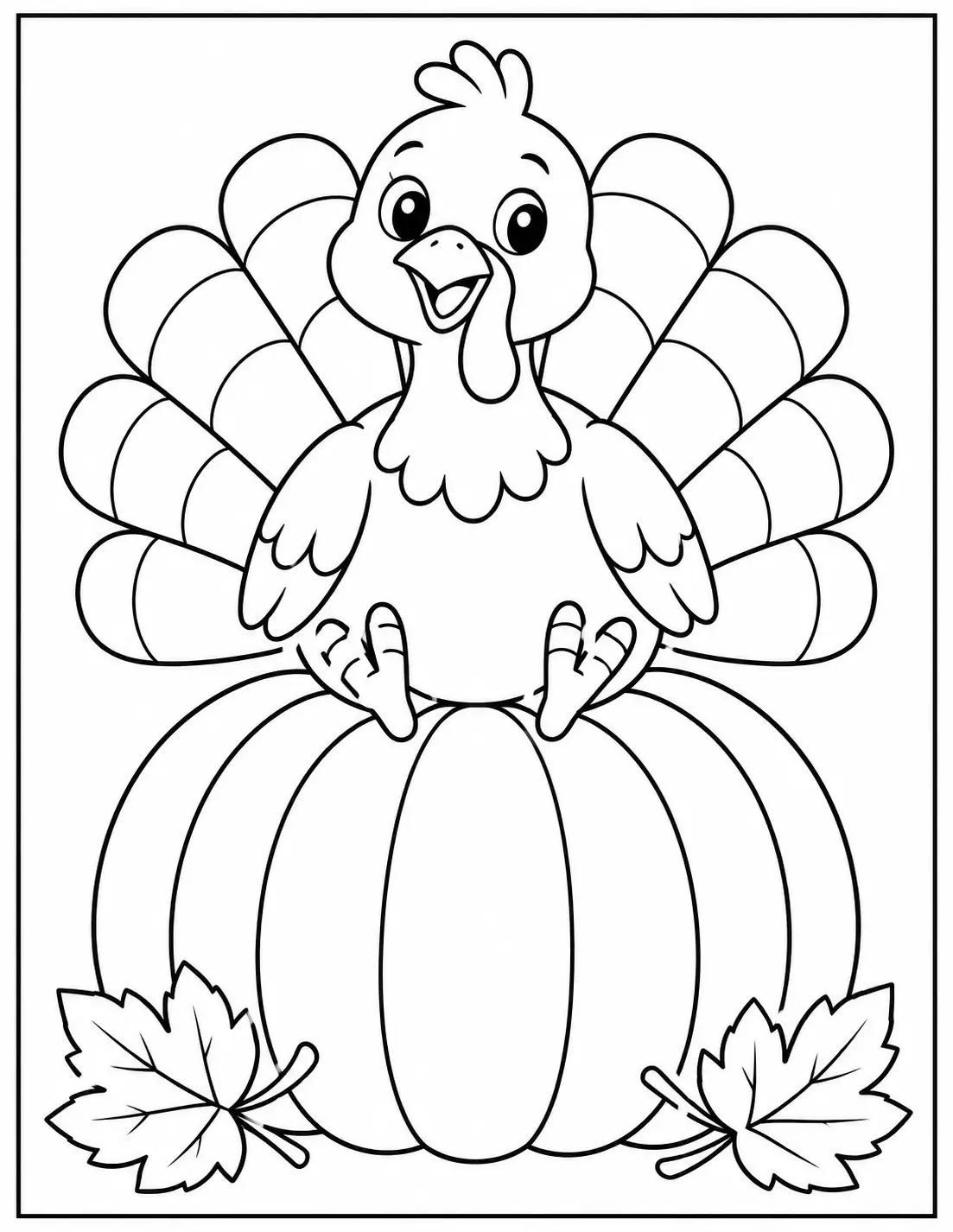 Cute turkey sitting on a large pumpkin coloring page