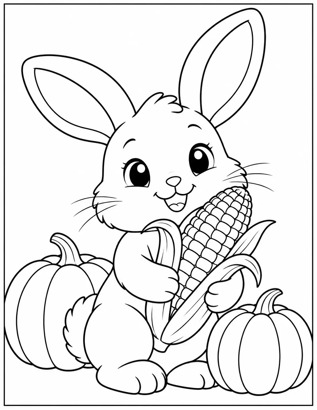 Cute Thanksgiving bunny coloring page holding an ear of corn