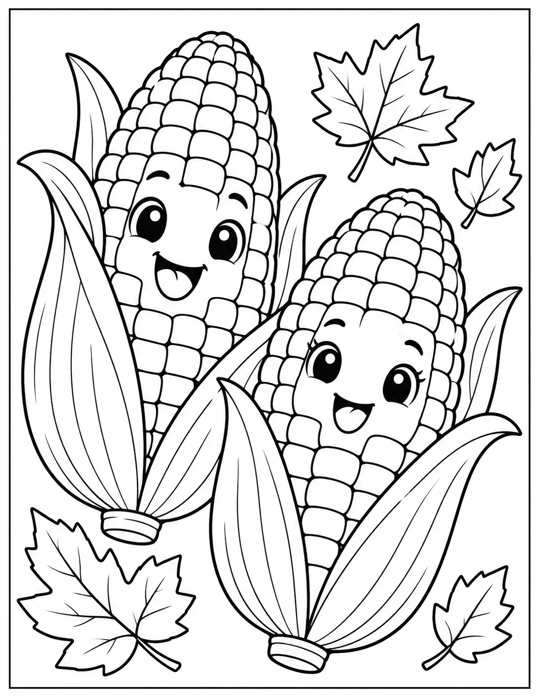 Cute corn friends Thanksgiving coloring page with autumn leaves