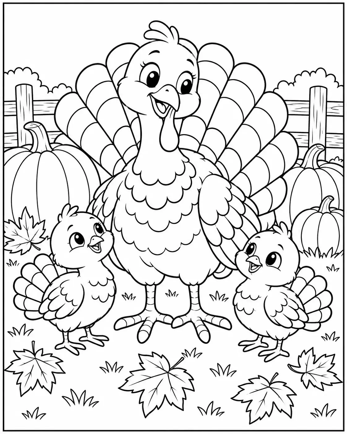 Cute Thanksgiving turkey family coloring page with two baby turkeys