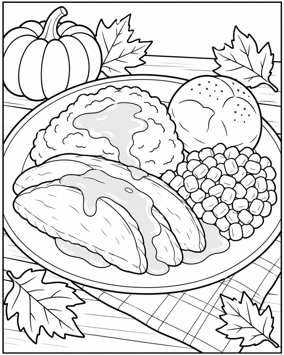 Thanksgiving dinner plate coloring page with turkey potatoes corn and roll