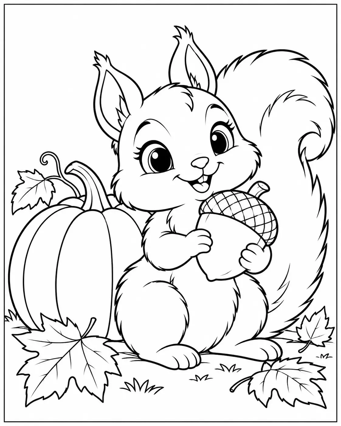 Cute squirrel with a large acorn and pumpkin Thanksgiving coloring page