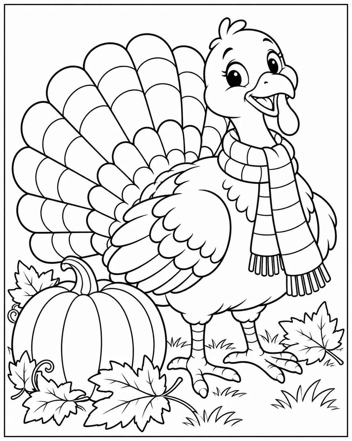 Cute Thanksgiving turkey coloring page wearing a cozy scarf