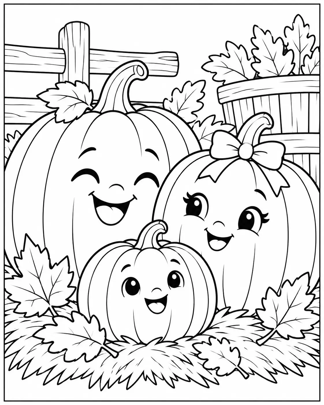 Cute smiling pumpkin family Thanksgiving coloring page