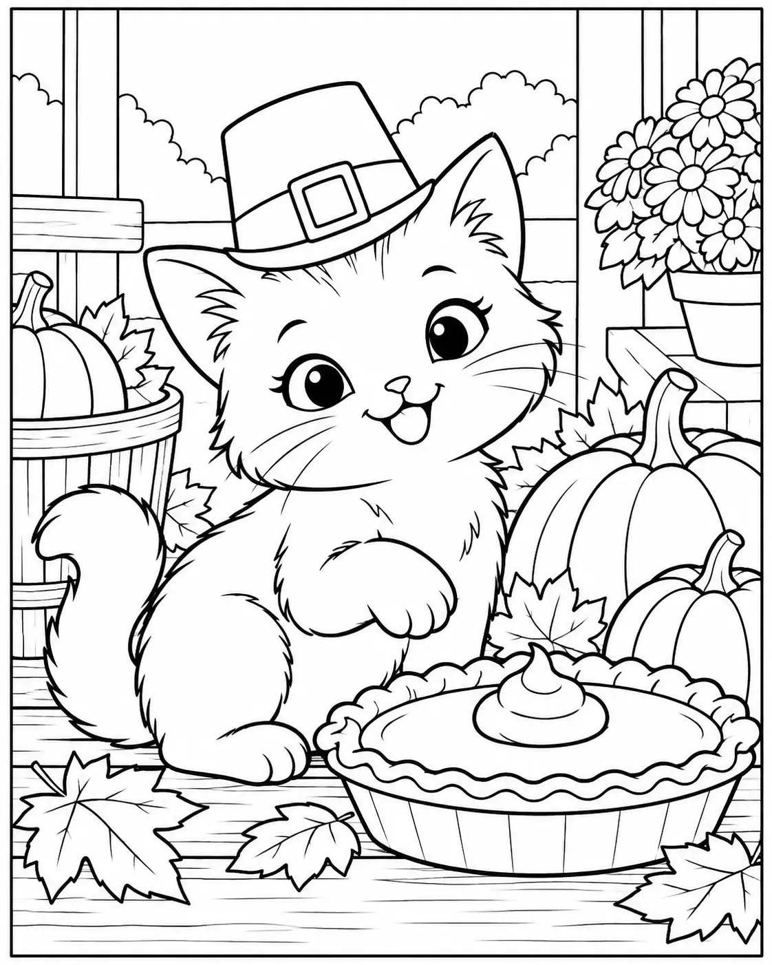 Cute Thanksgiving cat coloring page wearing a pilgrim hat beside pie
